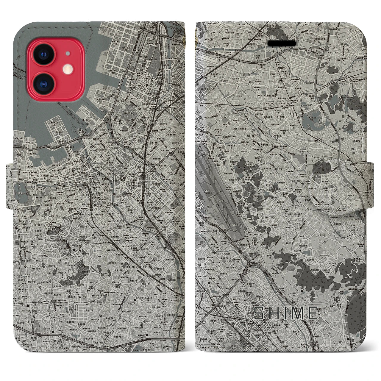【志免】地図柄iPhoneケース（手帳両面タイプ・モノトーン）iPhone 11 用