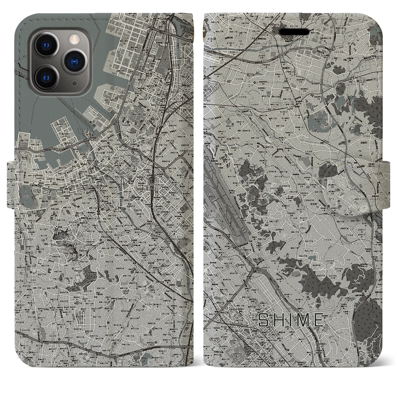 【志免】地図柄iPhoneケース（手帳両面タイプ・モノトーン）iPhone 11 Pro Max 用
