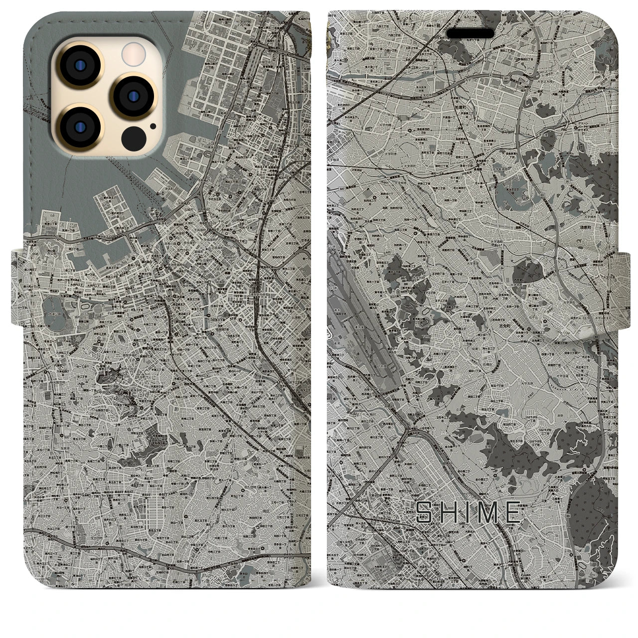 【志免】地図柄iPhoneケース（手帳両面タイプ・モノトーン）iPhone 12 Pro Max 用