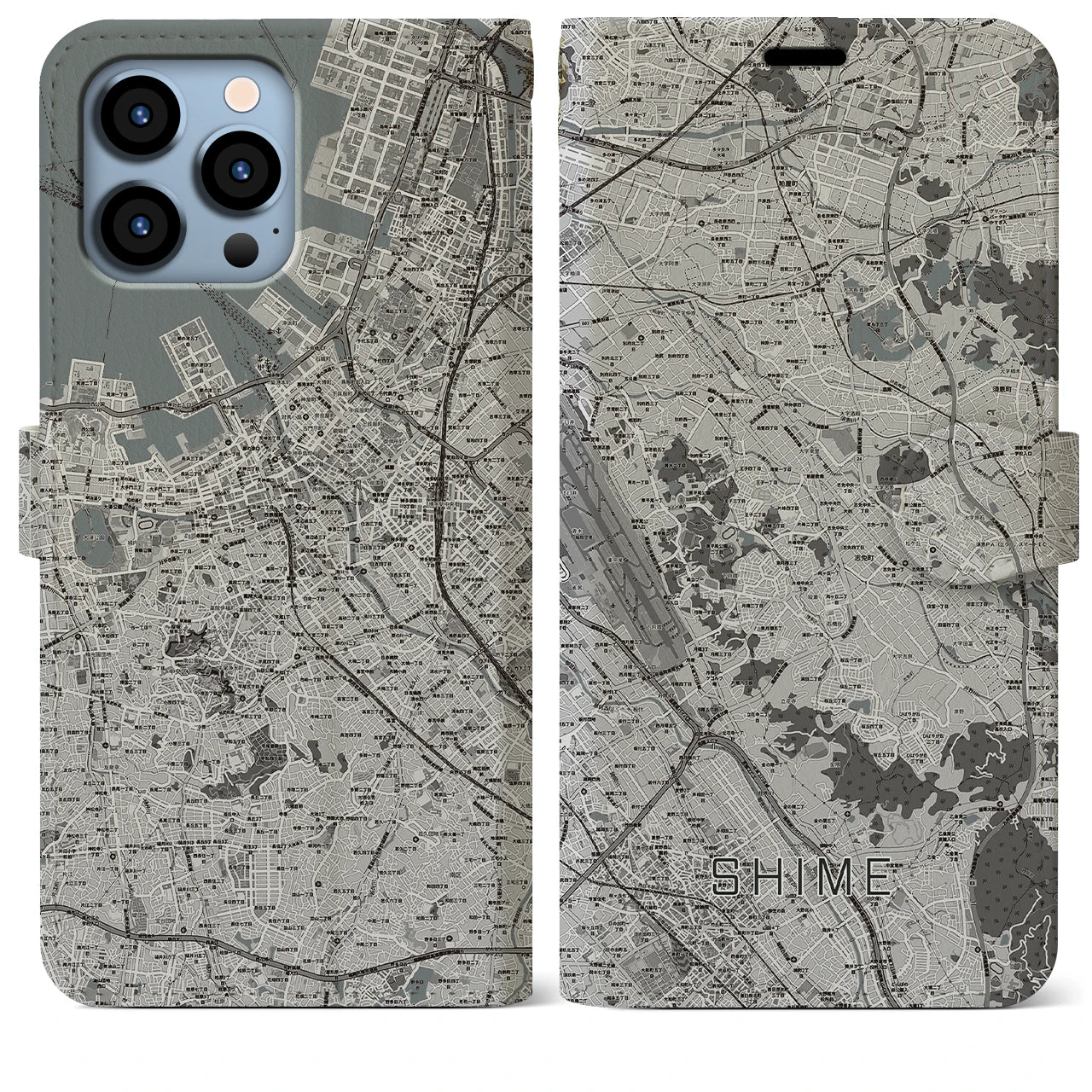 【志免】地図柄iPhoneケース（手帳両面タイプ・モノトーン）iPhone 13 Pro Max 用