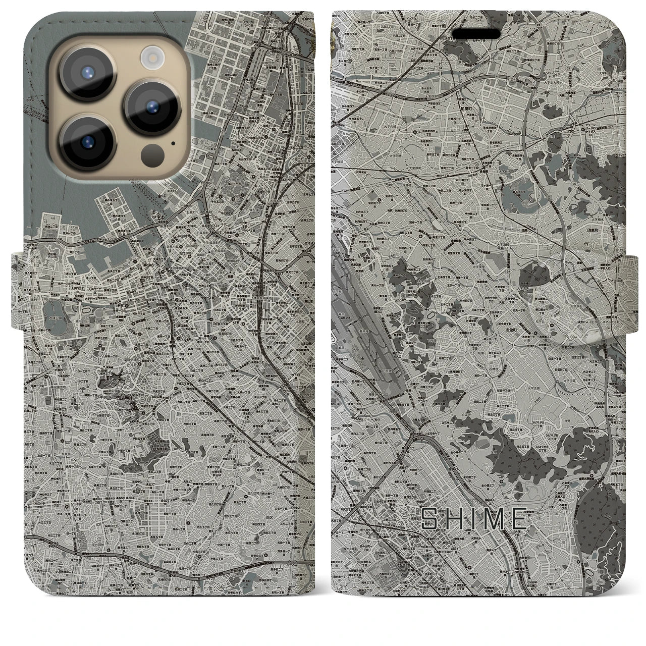 【志免】地図柄iPhoneケース（手帳両面タイプ・モノトーン）iPhone 14 Pro Max 用