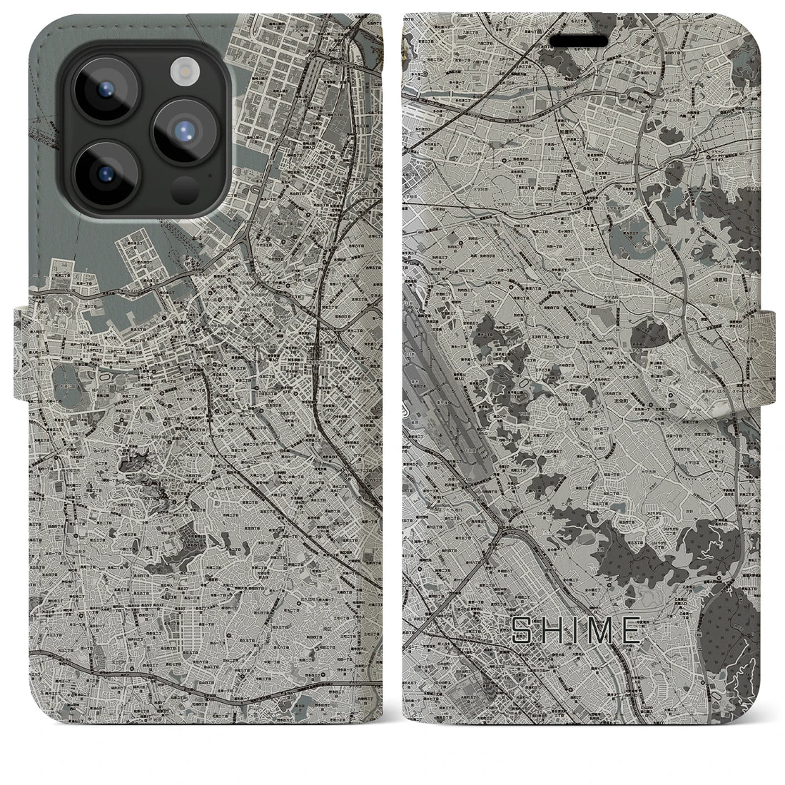 【志免】地図柄iPhoneケース（手帳両面タイプ・モノトーン）iPhone 15 Pro Max 用