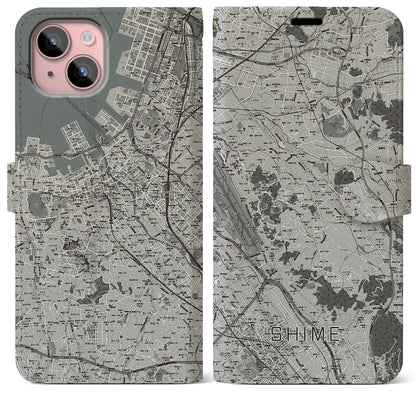 【志免（福岡県）】地図柄iPhoneケース（手帳タイプ）モノトーン・iPhone 15 Plus 用