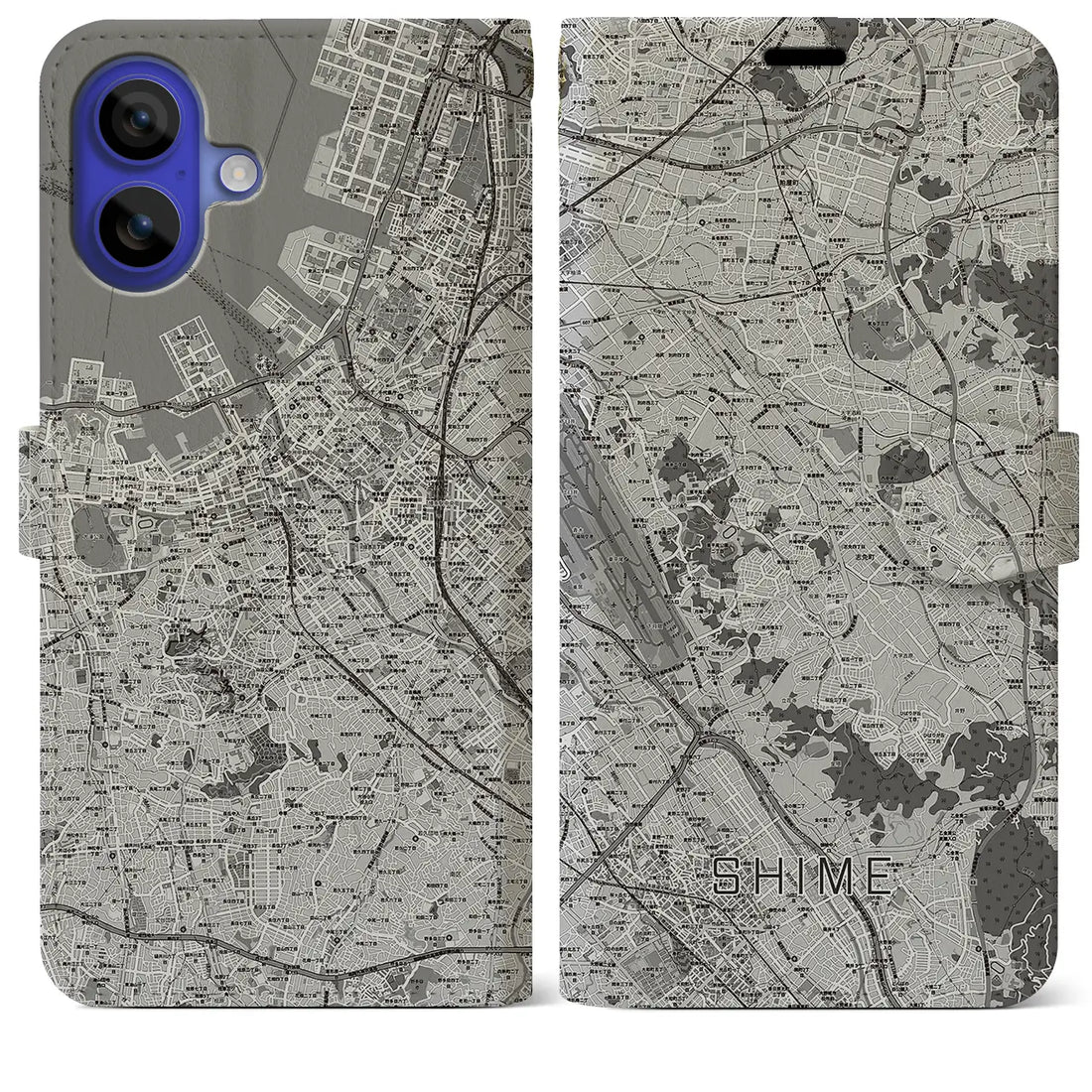 【志免(福岡県)】地図柄iPhoneケース(手帳タイプ)モノトーン・iPhone 16 Pro Max 用