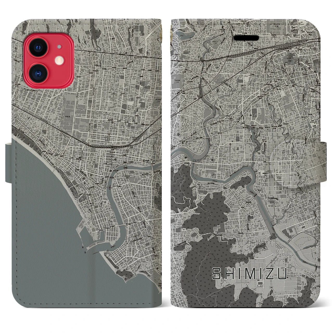【清水（静岡県清水町）】地図柄iPhoneケース（手帳両面タイプ・モノトーン）iPhone 11 用