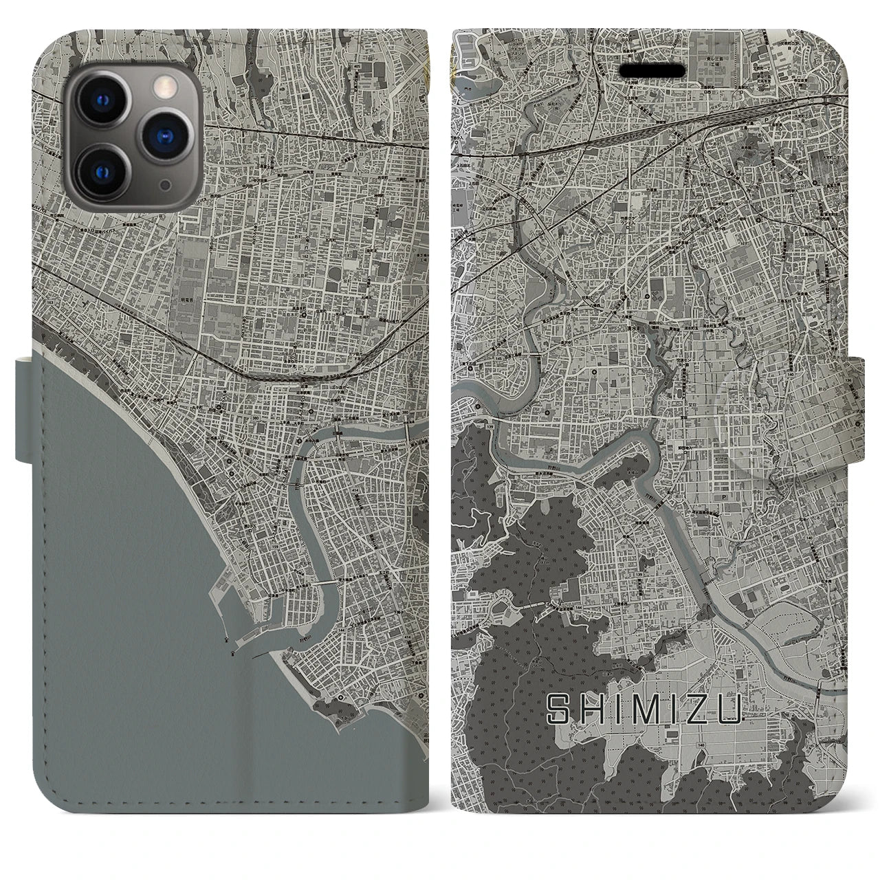 【清水（静岡県清水町）】地図柄iPhoneケース（手帳両面タイプ・モノトーン）iPhone 11 Pro Max 用