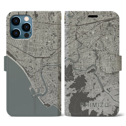 【清水（静岡県清水町）】地図柄iPhoneケース（手帳タイプ）モノトーン・iPhone 12 / 12 Pro 用