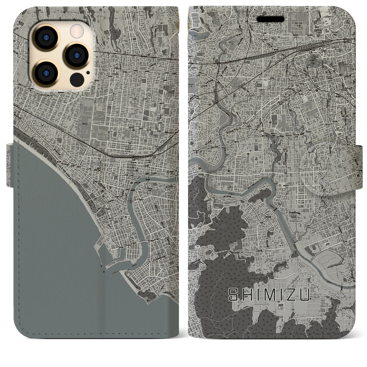 【清水（静岡県清水町）】地図柄iPhoneケース（手帳両面タイプ・モノトーン）iPhone 12 Pro Max 用