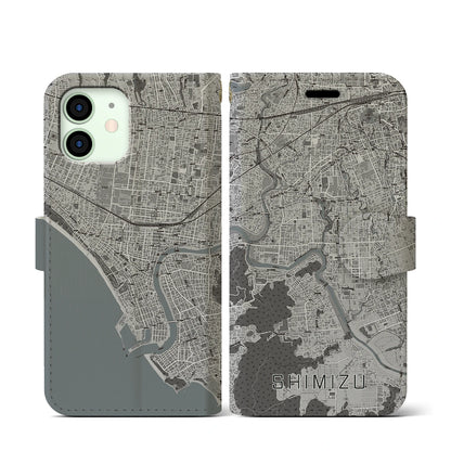 【清水（静岡県清水町）】地図柄iPhoneケース（手帳タイプ）モノトーン・iPhone 12 mini 用
