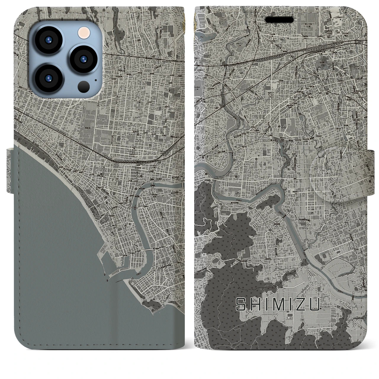 【清水（静岡県清水町）】地図柄iPhoneケース（手帳両面タイプ・モノトーン）iPhone 13 Pro Max 用
