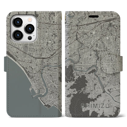 【清水（静岡県清水町）】地図柄iPhoneケース（手帳タイプ）モノトーン・iPhone 13 Pro 用