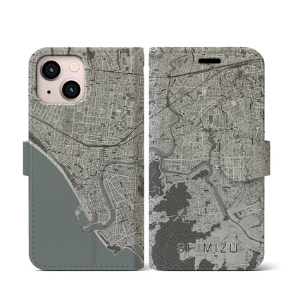 【清水（静岡県清水町）】地図柄iPhoneケース（手帳タイプ）モノトーン・iPhone 13 mini 用