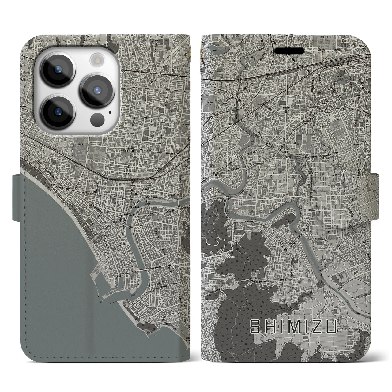 【清水（静岡県清水町）】地図柄iPhoneケース（手帳両面タイプ・モノトーン）iPhone 14 Pro 用