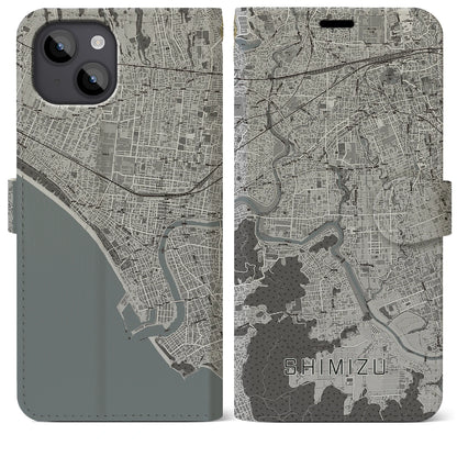 【清水（静岡県清水町）】地図柄iPhoneケース（手帳タイプ）モノトーン・iPhone 14 Plus 用