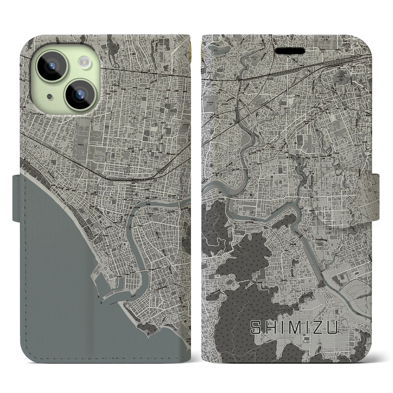 【清水（静岡県清水町）】地図柄iPhoneケース（手帳両面タイプ・モノトーン）iPhone 15 用