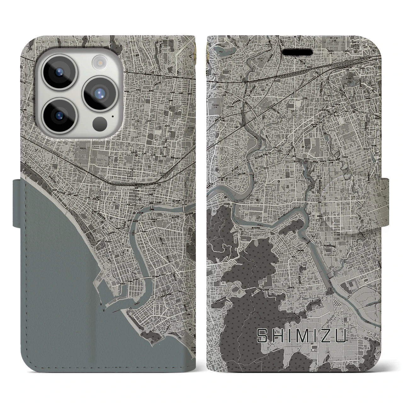 【清水（静岡県清水町）】地図柄iPhoneケース（手帳両面タイプ・モノトーン）iPhone 15 Pro 用