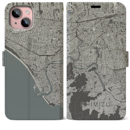 【清水（静岡県清水町）】地図柄iPhoneケース（手帳タイプ）モノトーン・iPhone 15 Plus 用