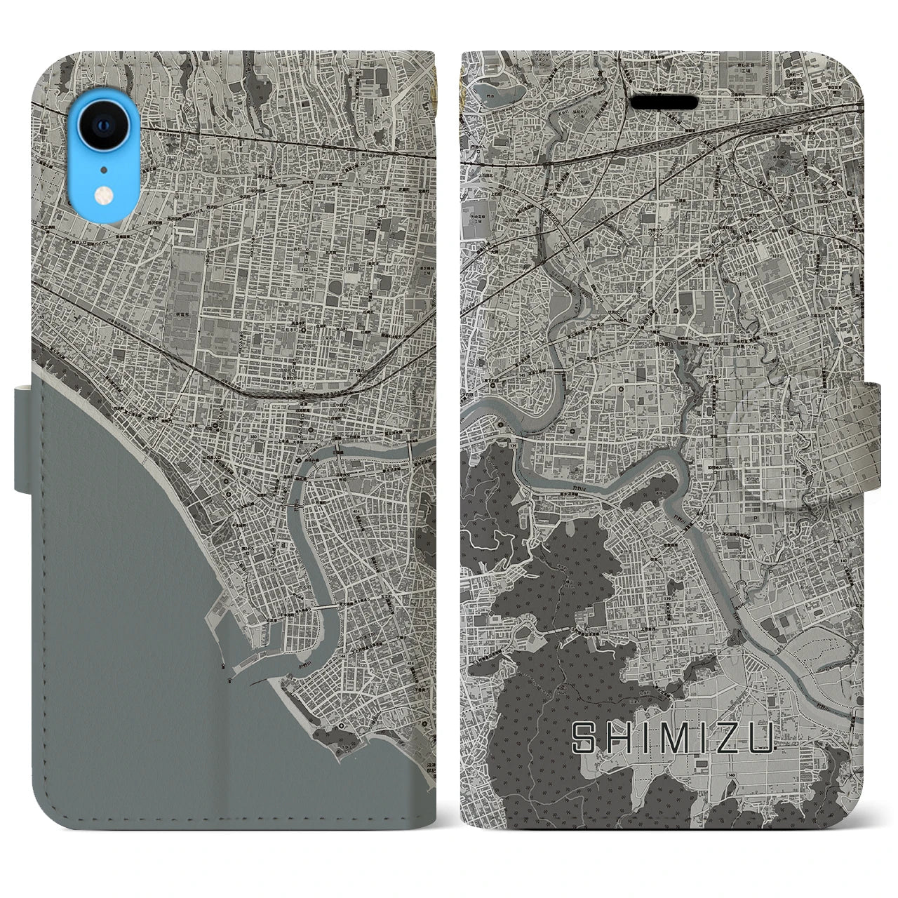 【清水（静岡県清水町）】地図柄iPhoneケース（手帳両面タイプ・モノトーン）iPhone XR 用