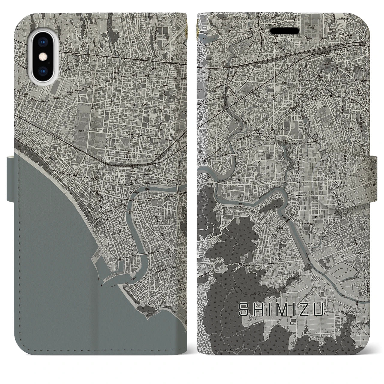 【清水（静岡県清水町）】地図柄iPhoneケース（手帳両面タイプ・モノトーン）iPhone XS Max 用