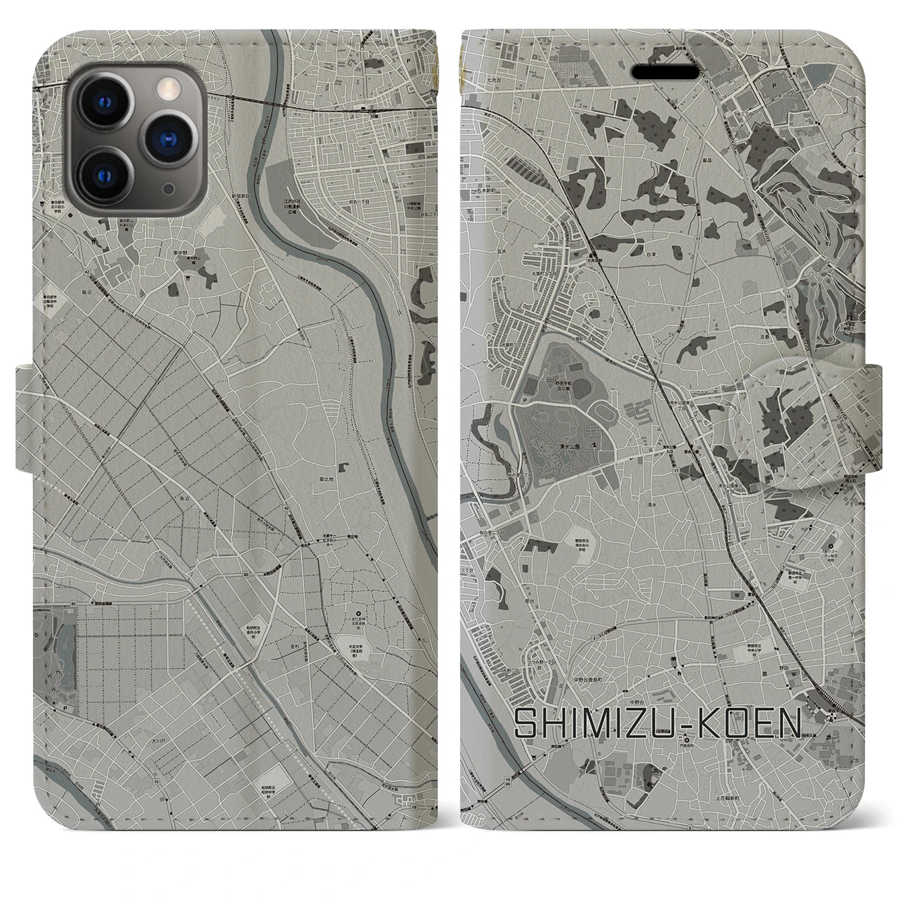 【清水公園】地図柄iPhoneケース（手帳両面タイプ・モノトーン）iPhone 11 Pro Max 用