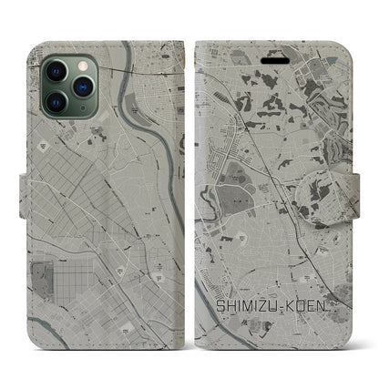 【清水公園（千葉県）】地図柄iPhoneケース（手帳タイプ）モノトーン・iPhone 11 Pro 用