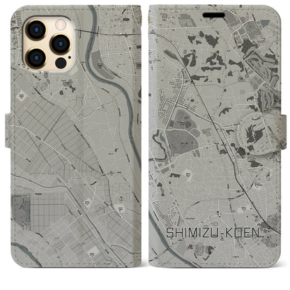 【清水公園（千葉県）】地図柄iPhoneケース（手帳タイプ）モノトーン・iPhone 12 Pro Max 用