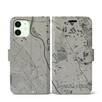 【清水公園（千葉県）】地図柄iPhoneケース（手帳タイプ）モノトーン・iPhone 12 mini 用