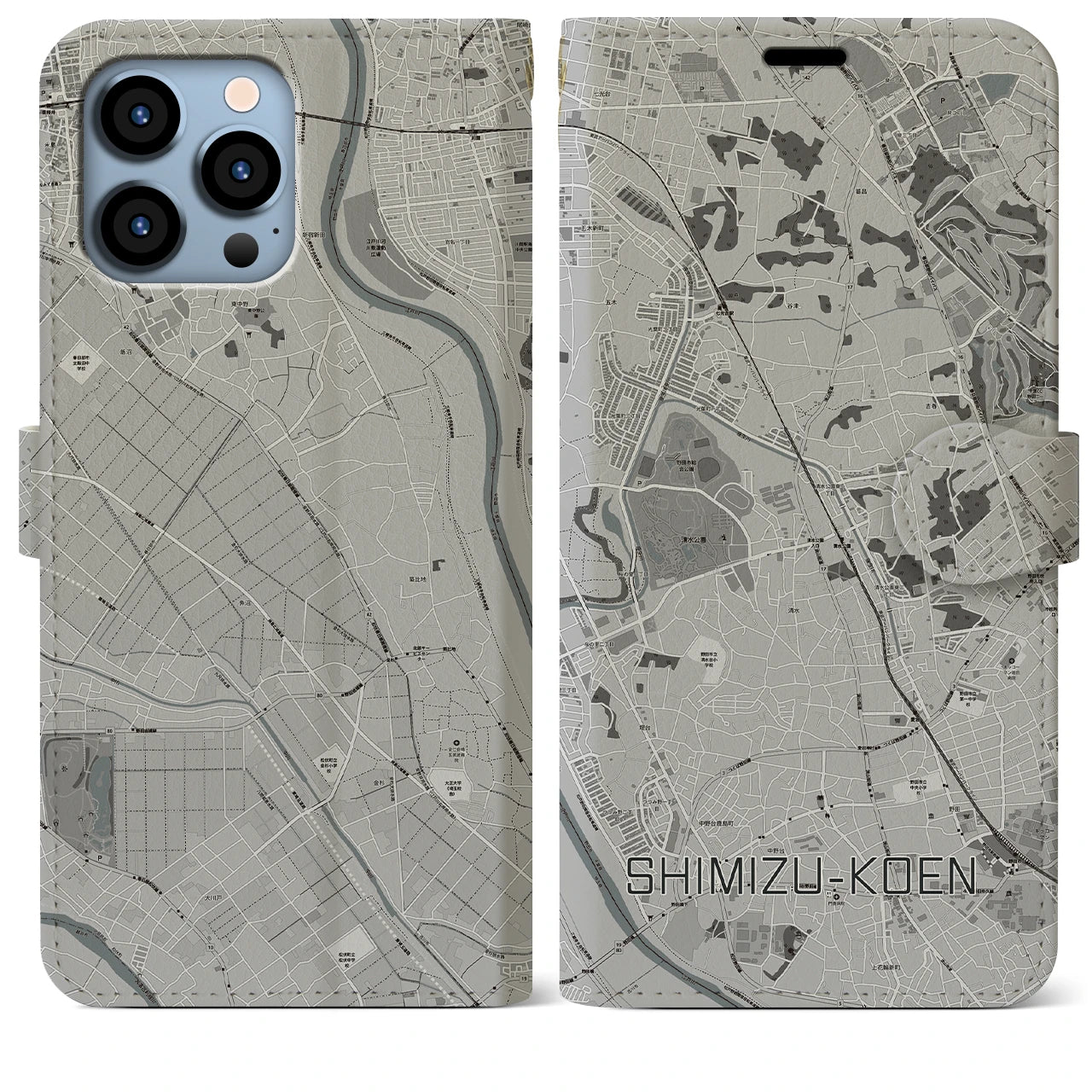 【清水公園】地図柄iPhoneケース（手帳両面タイプ・モノトーン）iPhone 13 Pro Max 用