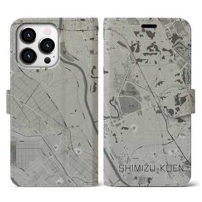 【清水公園（千葉県）】地図柄iPhoneケース（手帳タイプ）モノトーン・iPhone 13 Pro 用