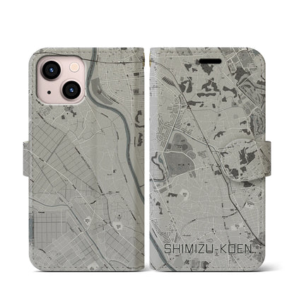 【清水公園（千葉県）】地図柄iPhoneケース（手帳タイプ）モノトーン・iPhone 13 mini 用