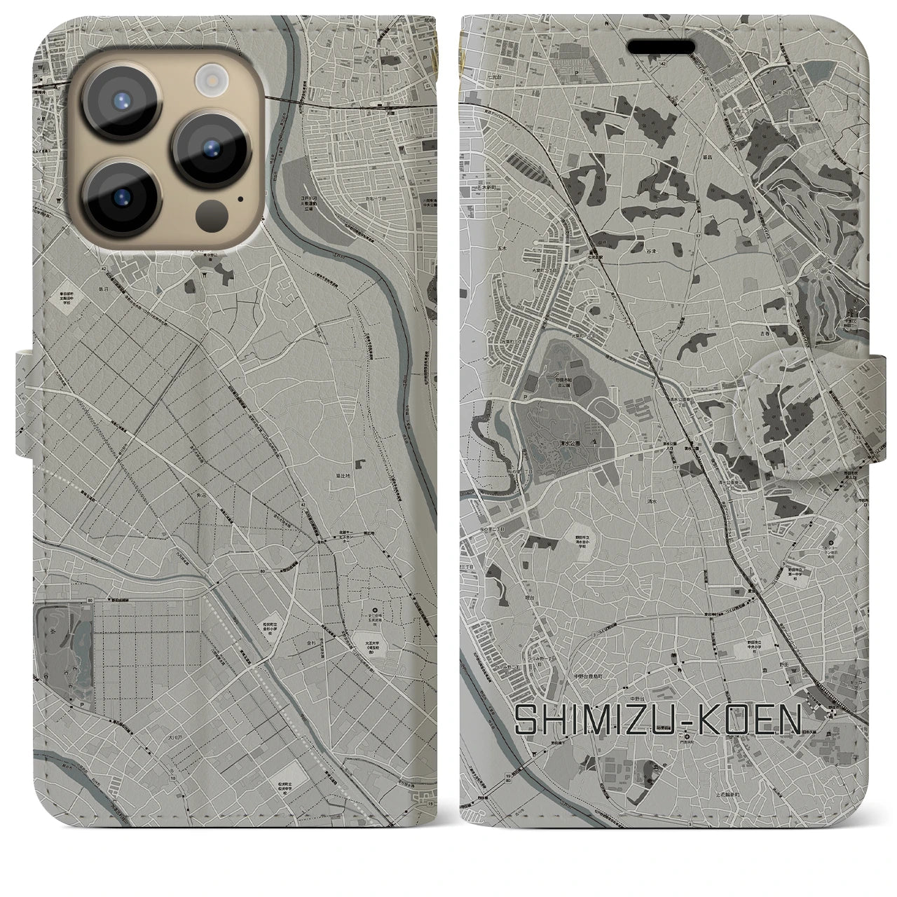 【清水公園】地図柄iPhoneケース（手帳両面タイプ・モノトーン）iPhone 14 Pro Max 用