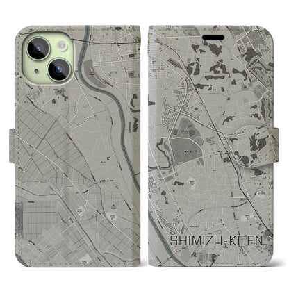 【清水公園（千葉県）】地図柄iPhoneケース（手帳タイプ）モノトーン・iPhone 15 用