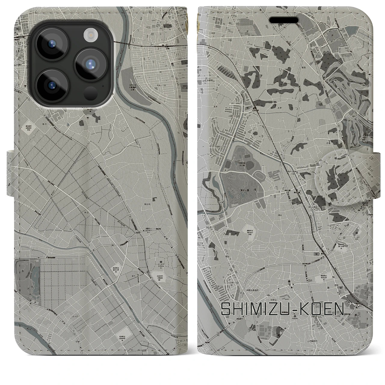 【清水公園】地図柄iPhoneケース（手帳両面タイプ・モノトーン）iPhone 15 Pro Max 用