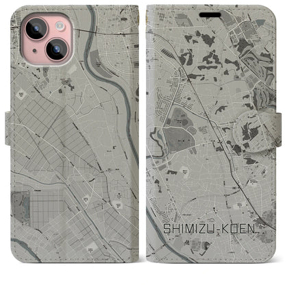 【清水公園（千葉県）】地図柄iPhoneケース（手帳タイプ）モノトーン・iPhone 15 Plus 用