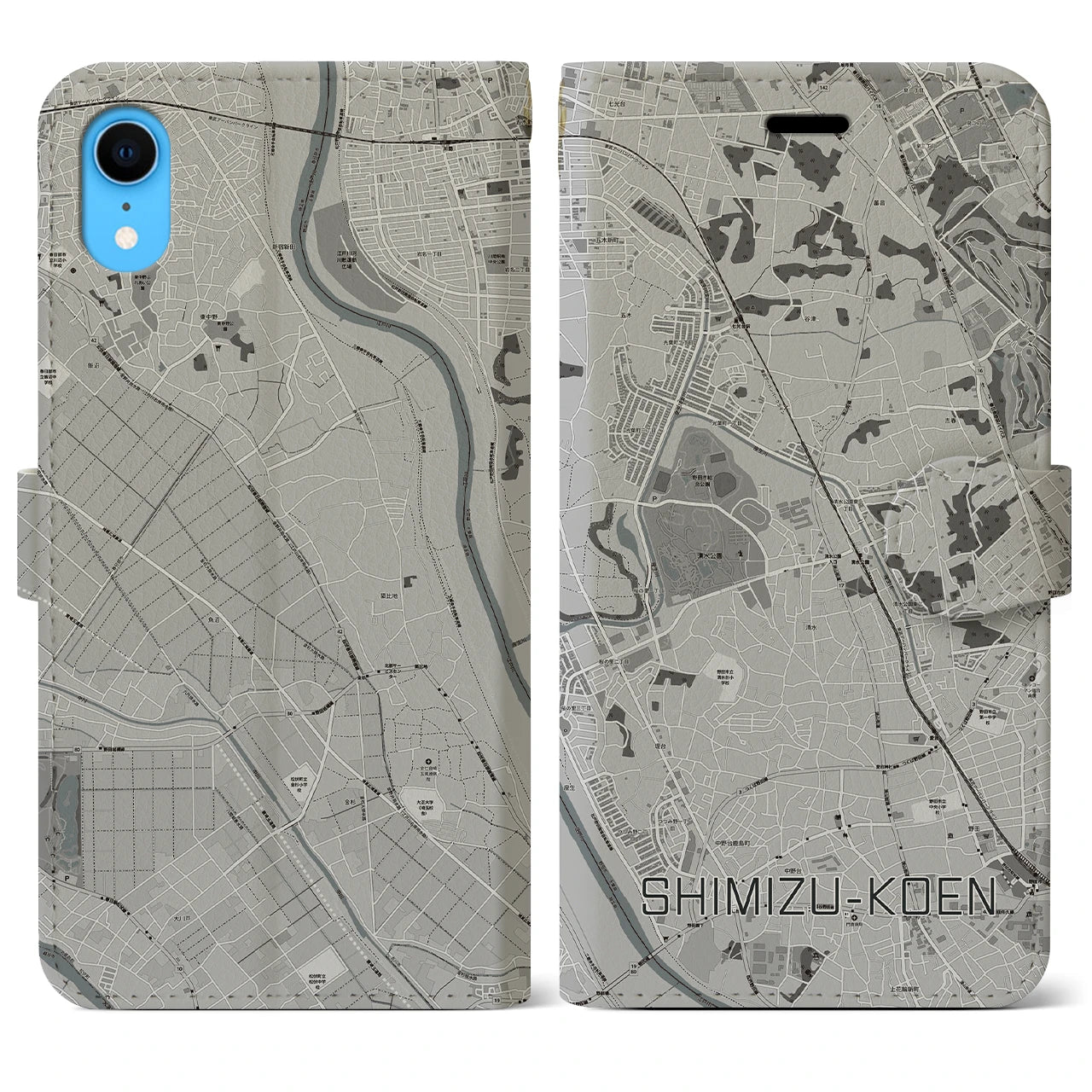 【清水公園】地図柄iPhoneケース（手帳両面タイプ・モノトーン）iPhone XR 用