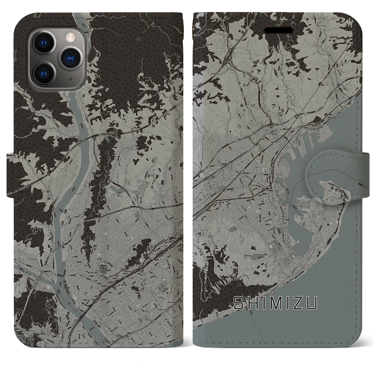 【清水】地図柄iPhoneケース（手帳両面タイプ・モノトーン）iPhone 11 Pro Max 用