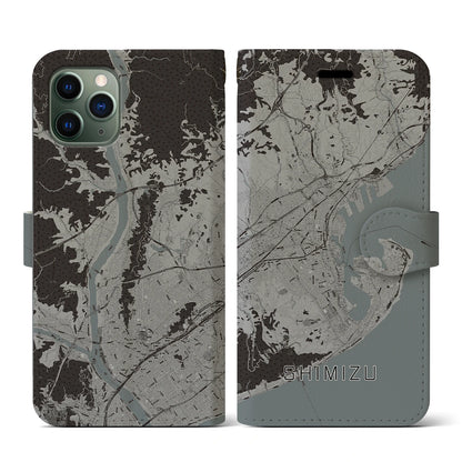 【清水（静岡県）】地図柄iPhoneケース（手帳タイプ）モノトーン・iPhone 11 Pro 用