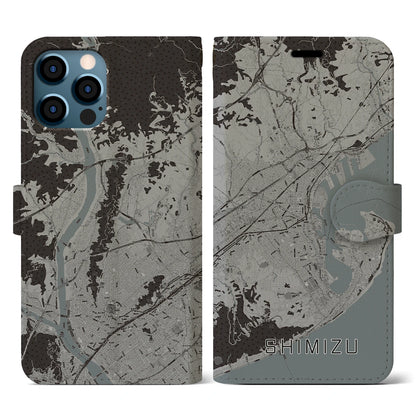 【清水（静岡県）】地図柄iPhoneケース（手帳タイプ）モノトーン・iPhone 12 / 12 Pro 用