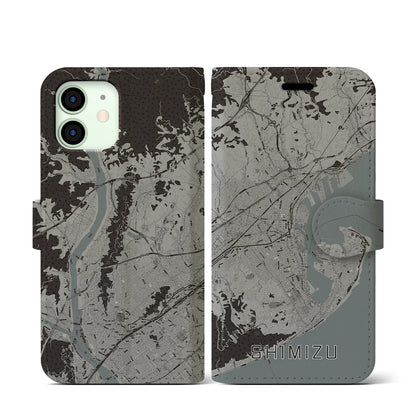 【清水（静岡県）】地図柄iPhoneケース（手帳タイプ）モノトーン・iPhone 12 mini 用
