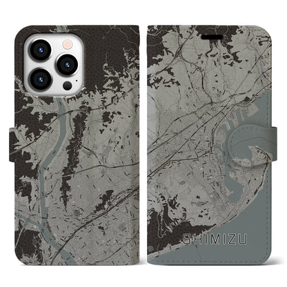 【清水（静岡県）】地図柄iPhoneケース（手帳タイプ）モノトーン・iPhone 13 Pro 用