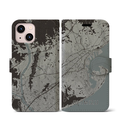 【清水（静岡県）】地図柄iPhoneケース（手帳タイプ）モノトーン・iPhone 13 mini 用