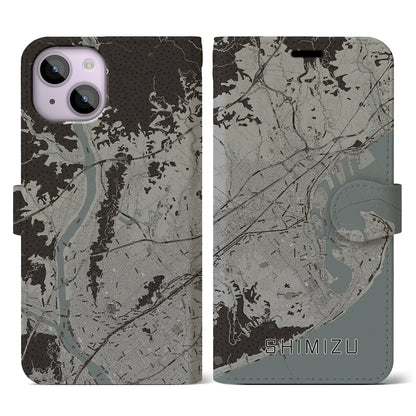 【清水（静岡県）】地図柄iPhoneケース（手帳タイプ）モノトーン・iPhone 14 用