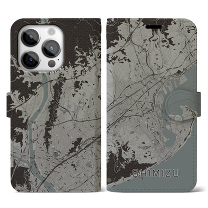 【清水（静岡県）】地図柄iPhoneケース（手帳タイプ）モノトーン・iPhone 14 Pro 用