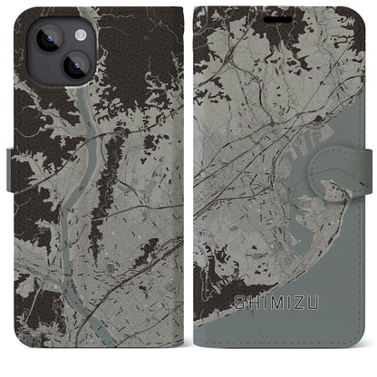 【清水（静岡県）】地図柄iPhoneケース（手帳タイプ）モノトーン・iPhone 14 Plus 用