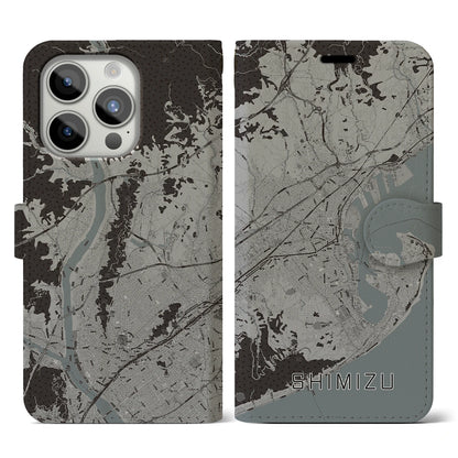 【清水（静岡県）】地図柄iPhoneケース（手帳タイプ）モノトーン・iPhone 15 Pro 用