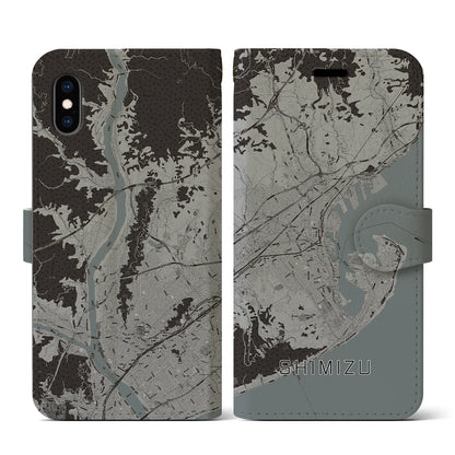 【清水（静岡県）】地図柄iPhoneケース（手帳タイプ）モノトーン・iPhone XS / X 用