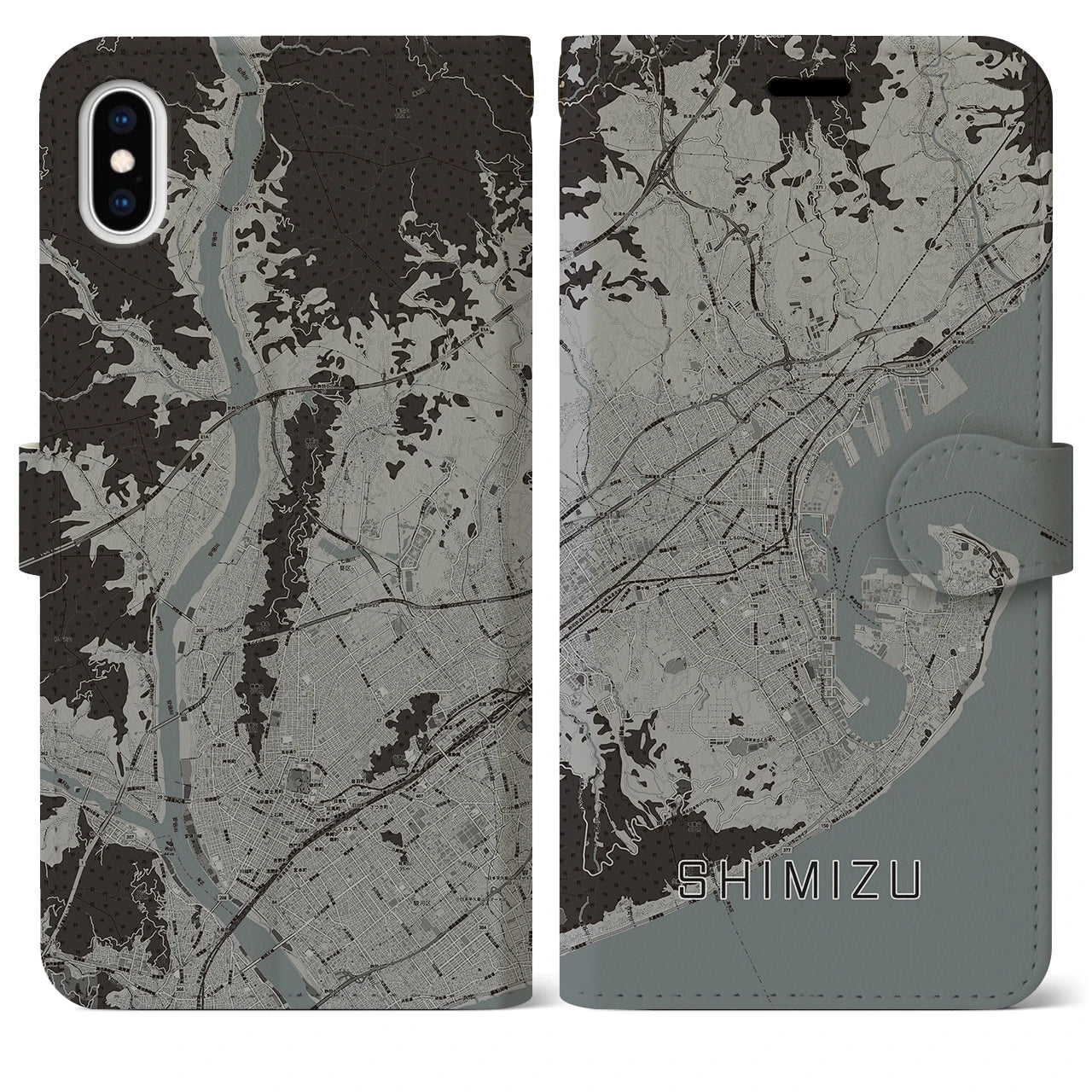 【清水】地図柄iPhoneケース（手帳両面タイプ・モノトーン）iPhone XS Max 用