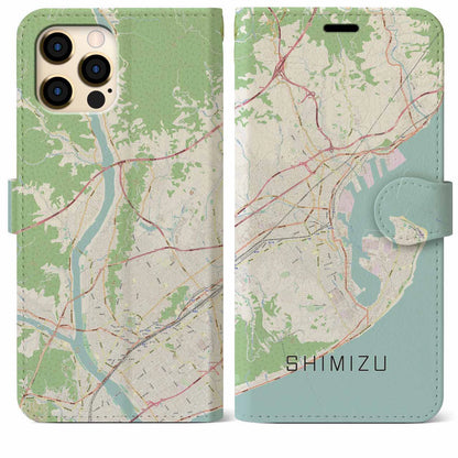 【清水（静岡県）】地図柄iPhoneケース（手帳タイプ）ナチュラル・iPhone 12 Pro Max 用