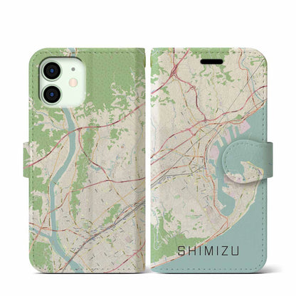 【清水（静岡県）】地図柄iPhoneケース（手帳タイプ）ナチュラル・iPhone 12 mini 用