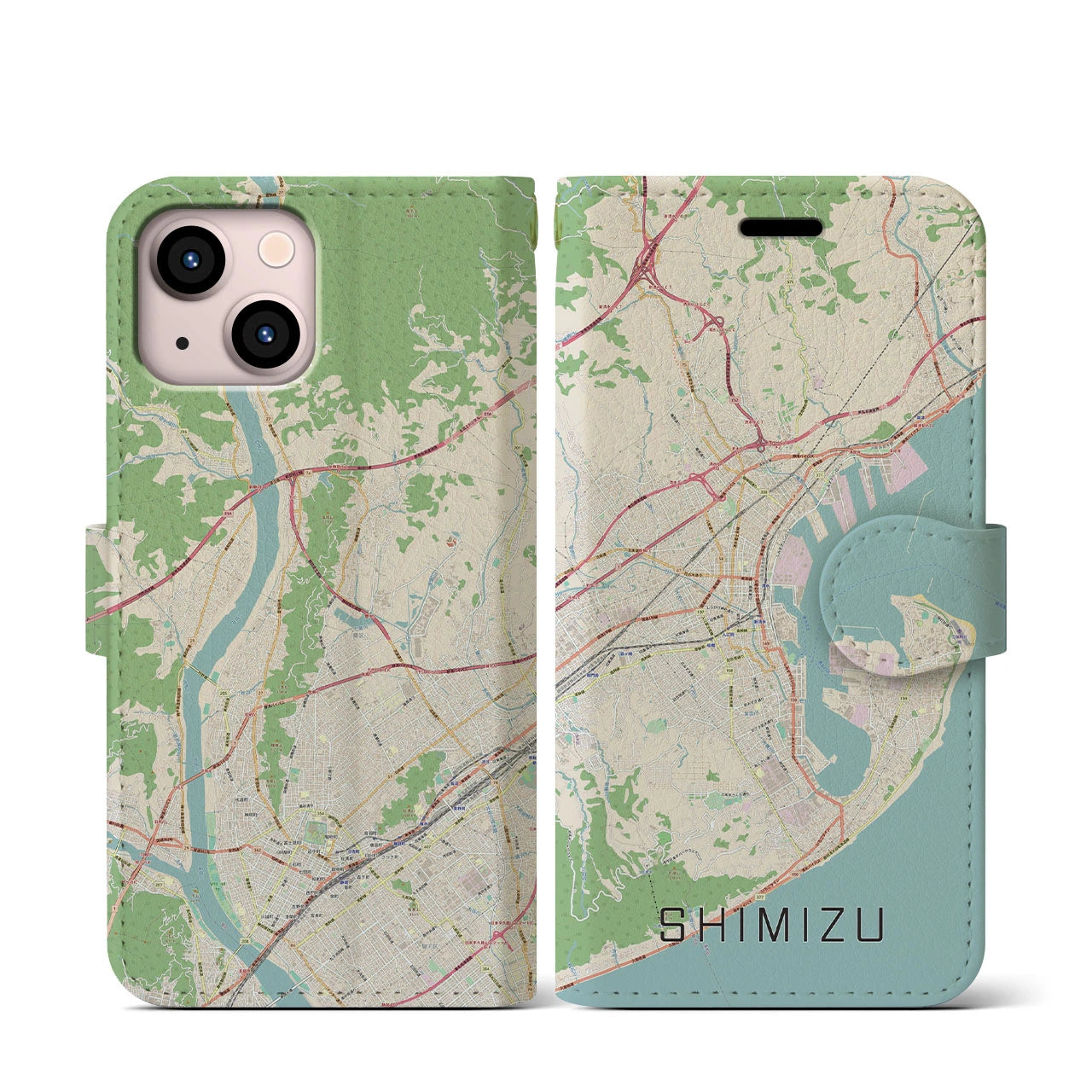 【清水】地図柄iPhoneケース（手帳両面タイプ・ナチュラル）iPhone 13 mini 用